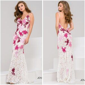 Jovani White Pink Open Back Lace Formal Gown $700